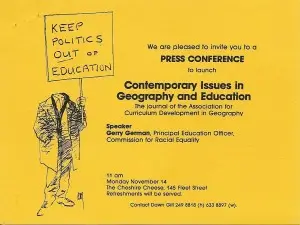 Flyer to the launch of Contemporary Issues in Geography and Education (CIGE Correspondence Archive/1983/000032) copyright CIGE estate.